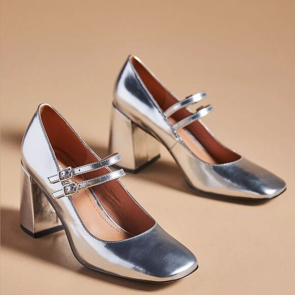 NEW Bibi Lou Milena Silver Mary Jane Pumps Heels Womens 39 - Picture 1 of 7
